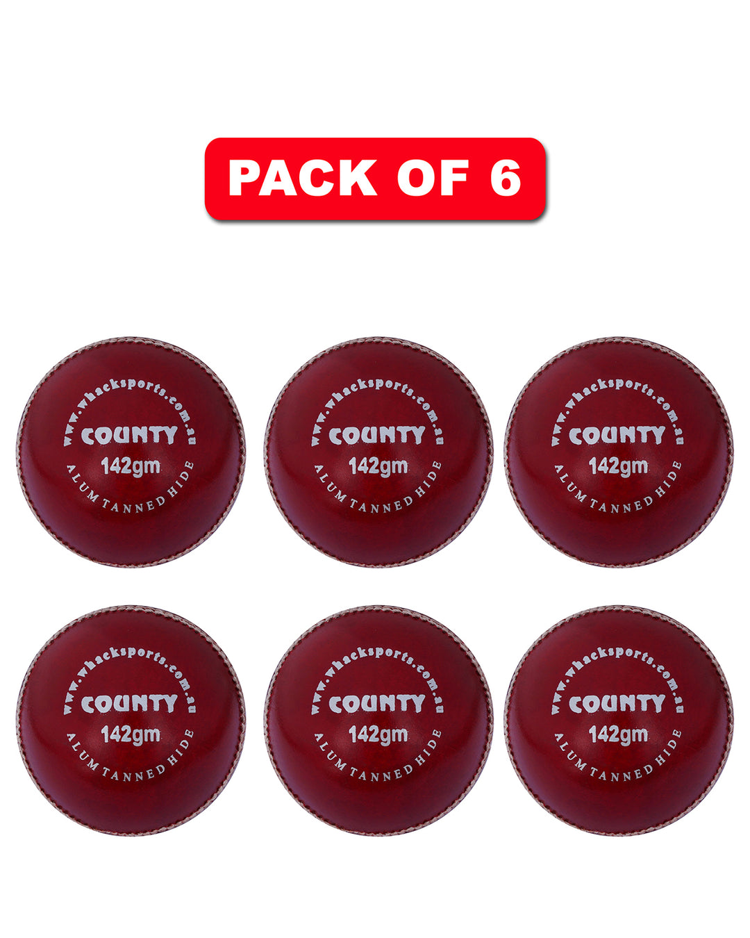 WHACK 2 Piece County Leather Cricket Ball Bundle - 142gm - Red - Pack of 6x or 12x