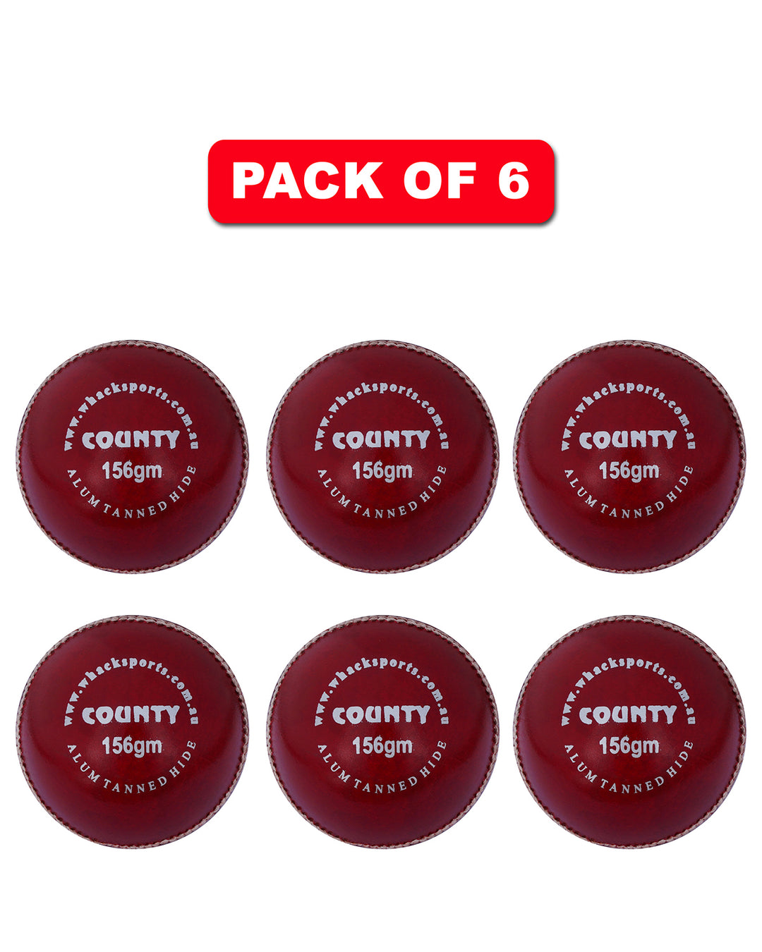 WHACK 2 Piece County Leather Cricket Ball Bundle - 156gm - Red/White - Pack of 6x or 12x