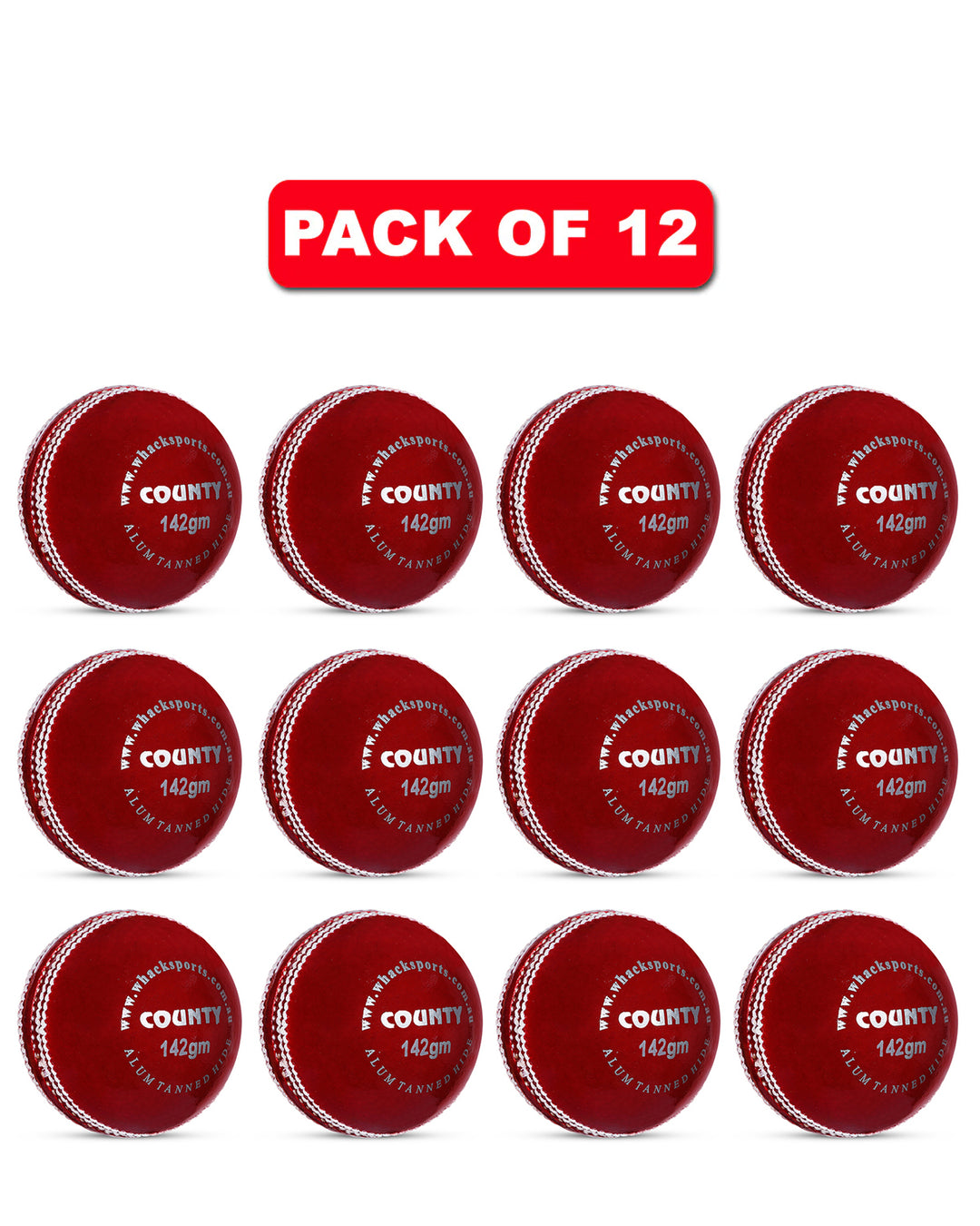 WHACK 2 Piece County Leather Cricket Ball Bundle - 142gm - Red - Pack of 6x or 12x
