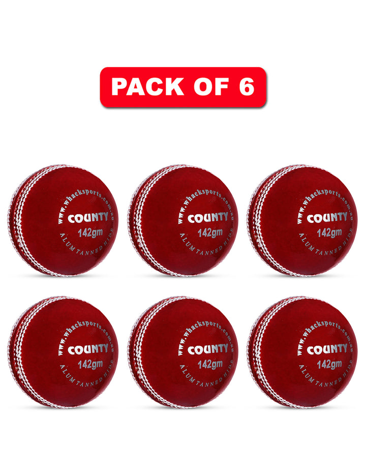 WHACK 2 Piece County Leather Cricket Ball Bundle - 142gm - Red - Pack of 6x or 12x