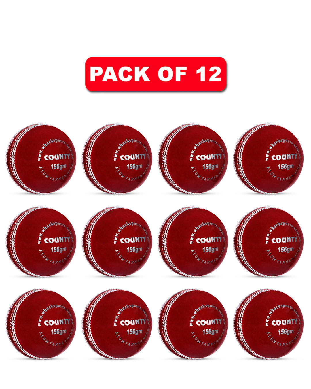 WHACK 2 Piece County Leather Cricket Ball Bundle - 156gm - Red - Pack of 6x or 12x
