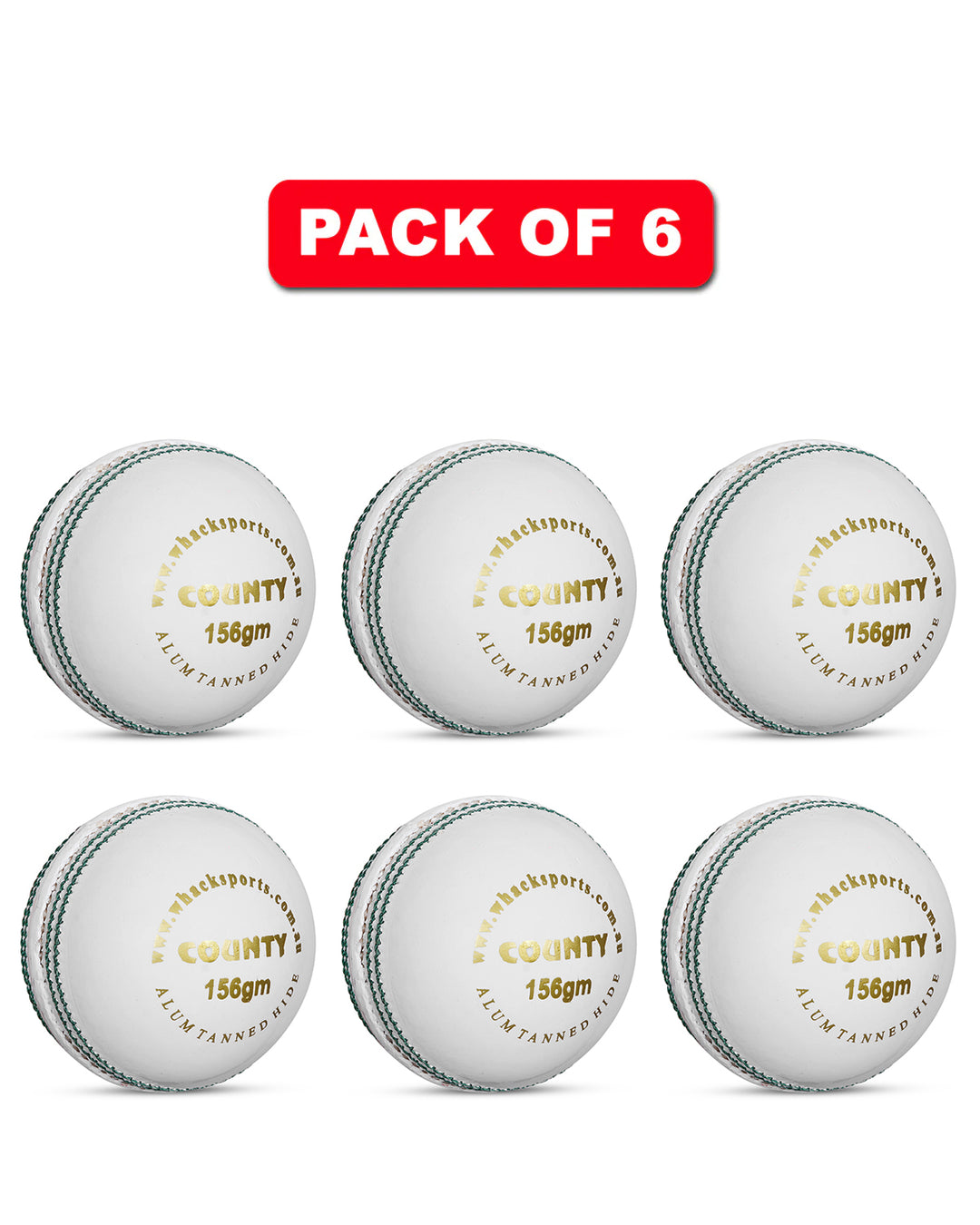 WHACK 2 Piece County Leather Cricket Ball Bundle - 156gm - White - Pack of 6x or 12x