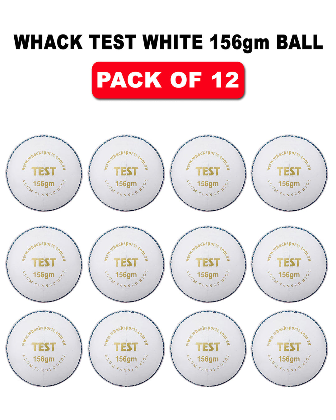 WHACK Test Leather Cricket Ball Bundle - 156gm - White - Pack of 6x or 12x