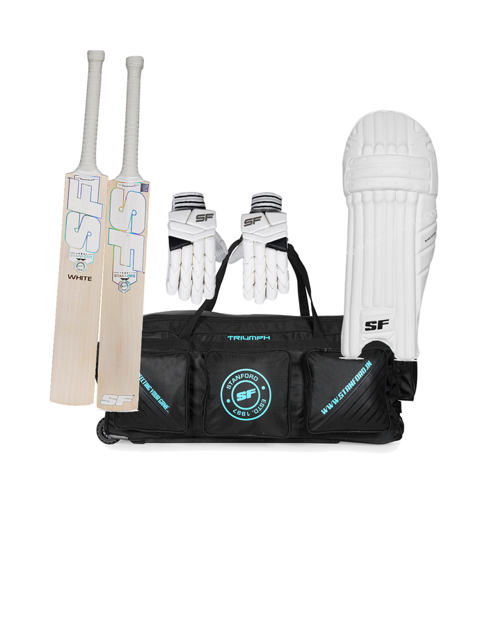 SF White Cricket Bundle Kit - bat, SF Triumph wheelie kit bag, SF Black Edition batting gloves and pads