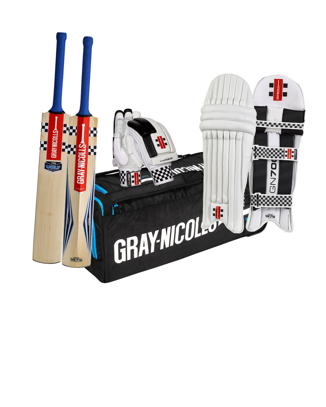 Gray Nicolls Volt 750 Cricket Bundle Kit - bat, GN 1100 wheelie kit bag, GN 700 batting gloves and pads