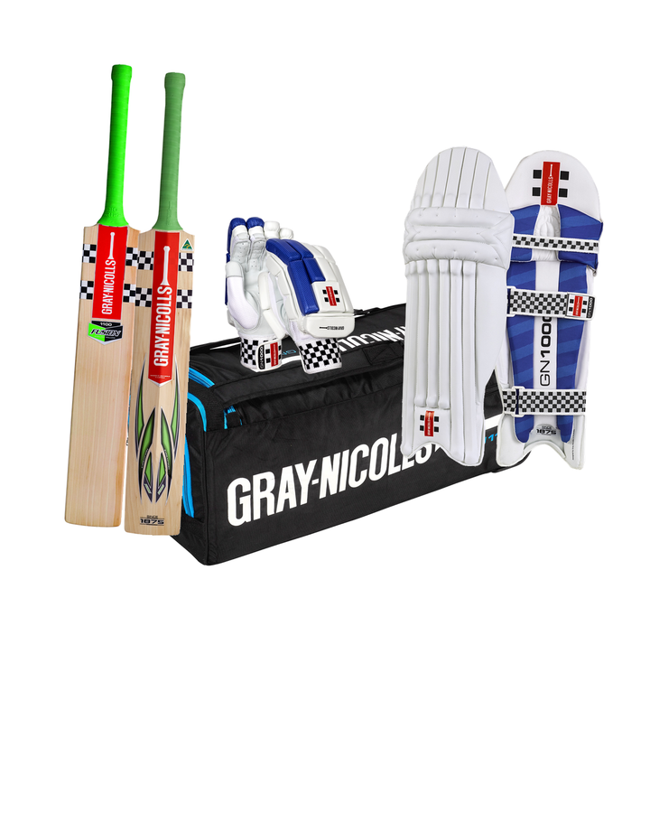 Gray Nicolls Fusion 1100 Cricket Bundle Kit - bat, GN 1100 wheelie kit bag, 1000 batting gloves and pads