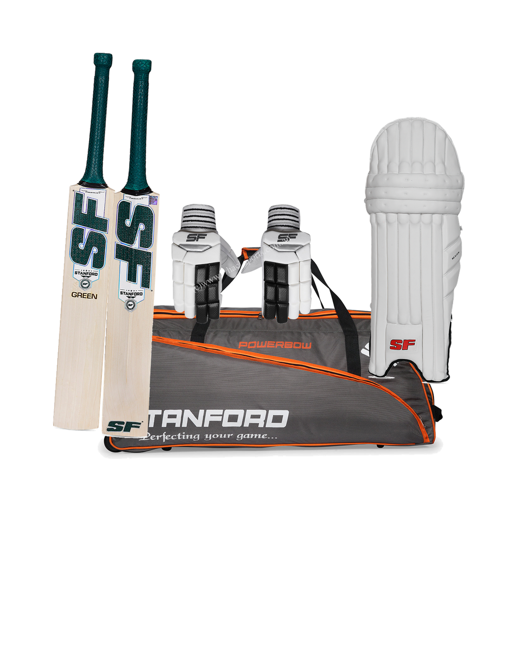 SF Green Cricket Bundle Kit - bat, SF Powerbow wheelie kit bag, SF Nexzen batting gloves and pads