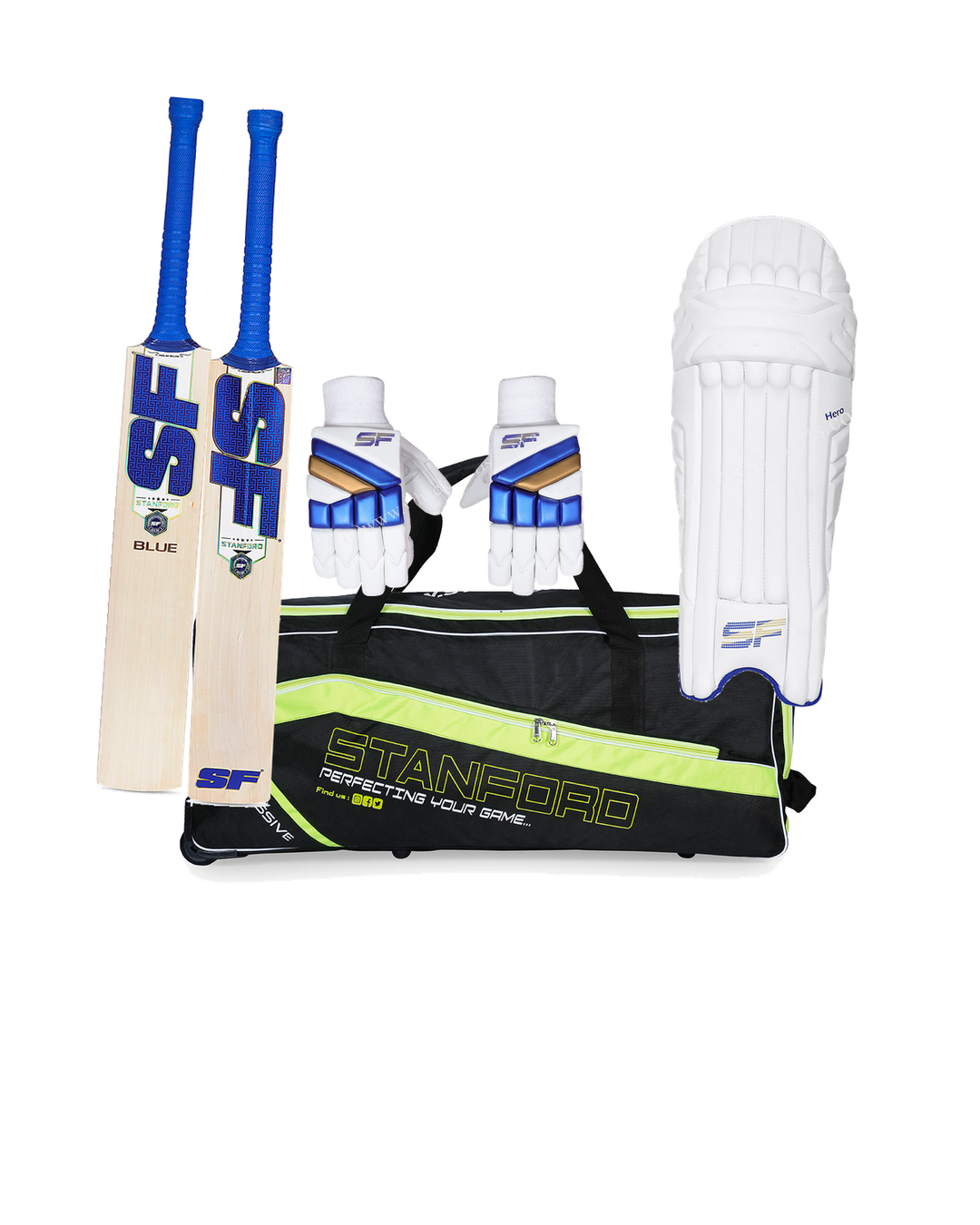 SF Blue Cricket Bundle Kit - bat, SF Impressive wheelie kit bag, SF Hero batting gloves and pads