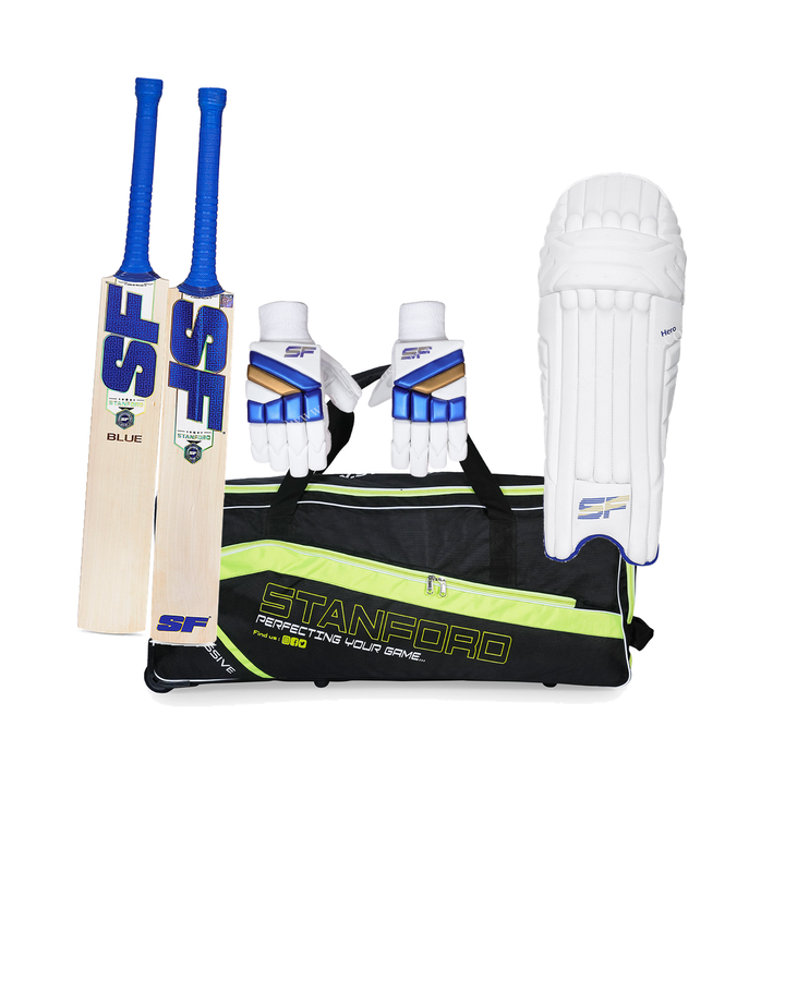 SF Blue Cricket Bundle Kit - bat, SF Impressive wheelie kit bag, SF Hero batting gloves and pads