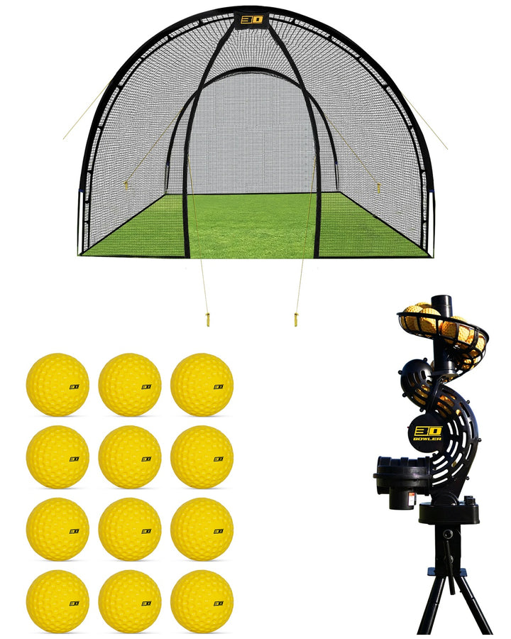 3D Bowler Lite Bundle — 3D Garden Batting Cage, 3D Bowler bowling machine and 12 light balls