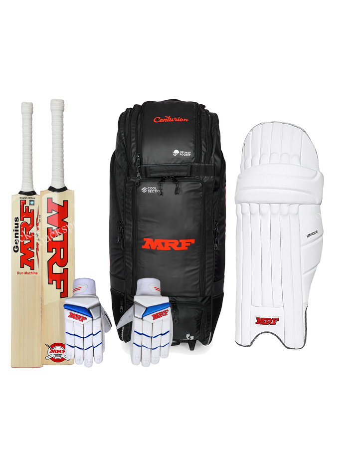 MRF Run Machine Cricket Bundle Kit - bat, Centurion wheelie duffle kit bag, MRF 360 gloves and Unique Edition pads