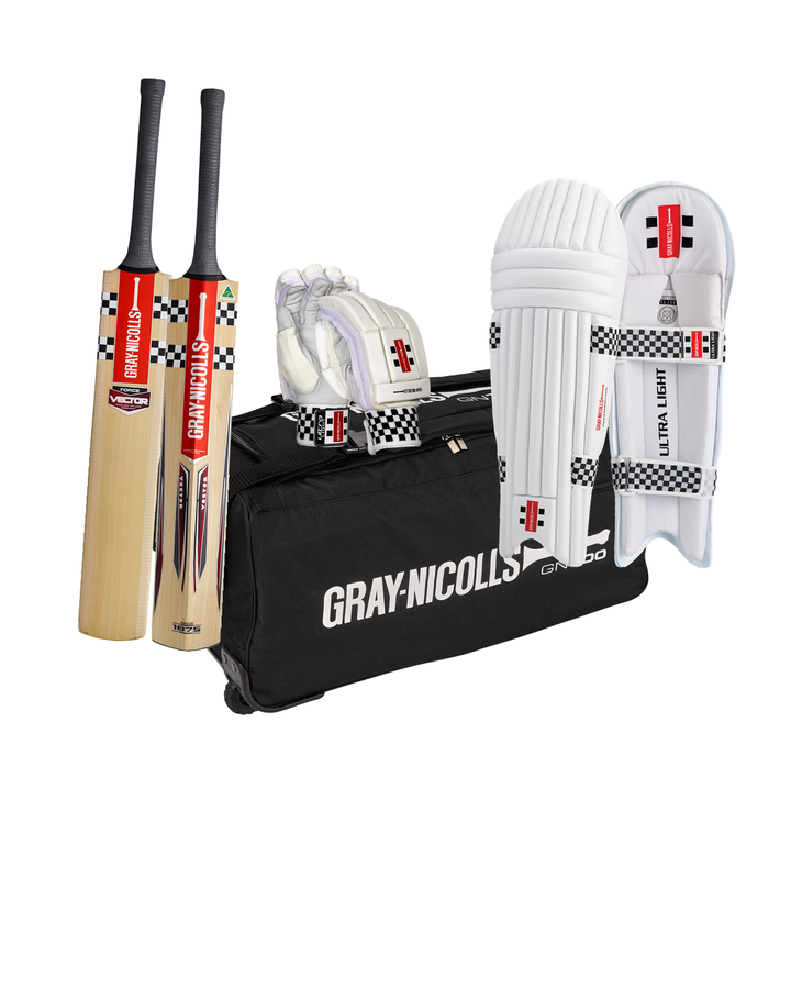Gray Nicolls Vector Force Cricket Bundle Kit Youth - bat, GN 700 wheelie kit bag, Ultra Light batting gloves and pads