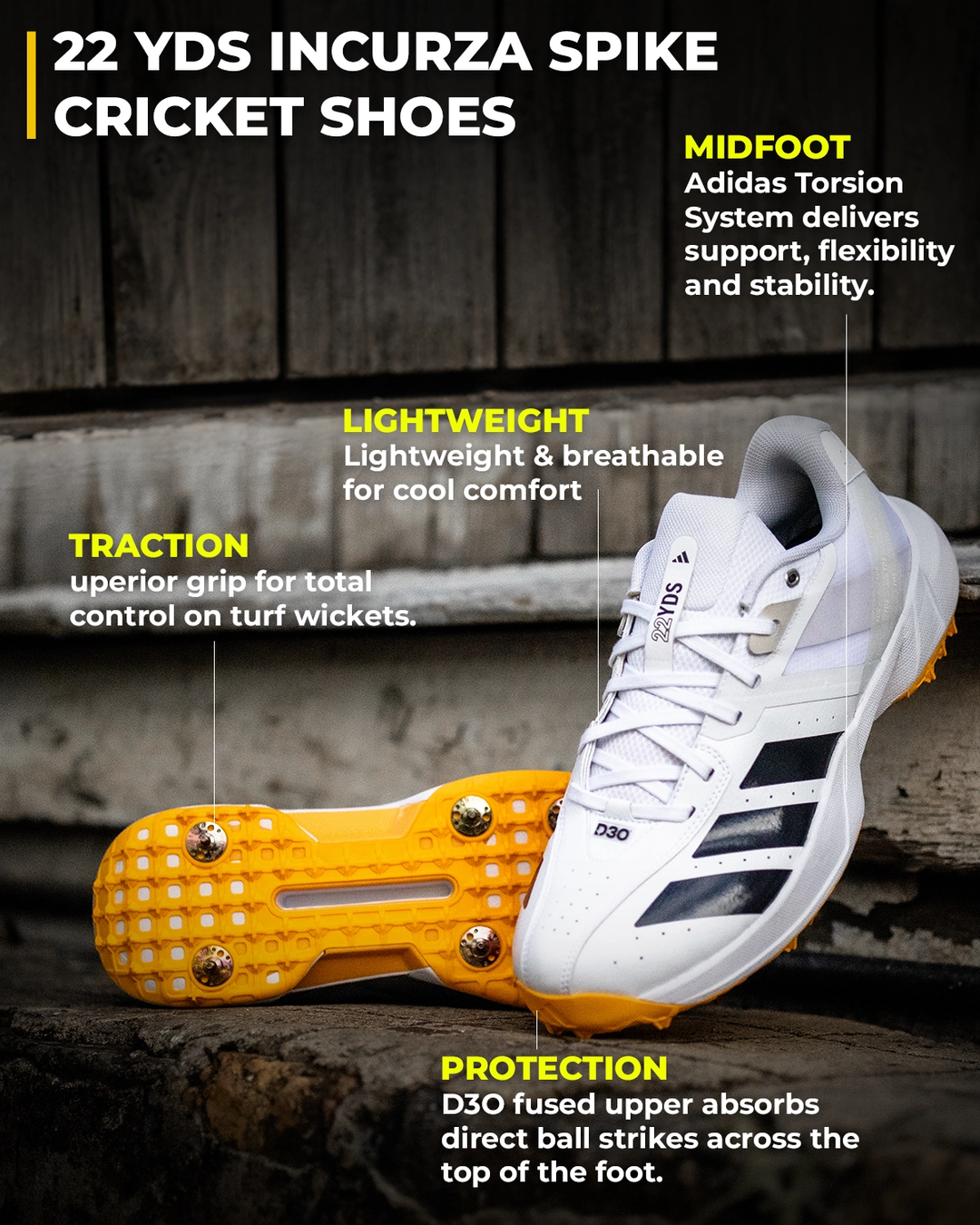 Adidas JQ8544 22YDS Incurza Cricket Shoes - Steel Spikes - White/Aurora Onix/Lucid Tangerine