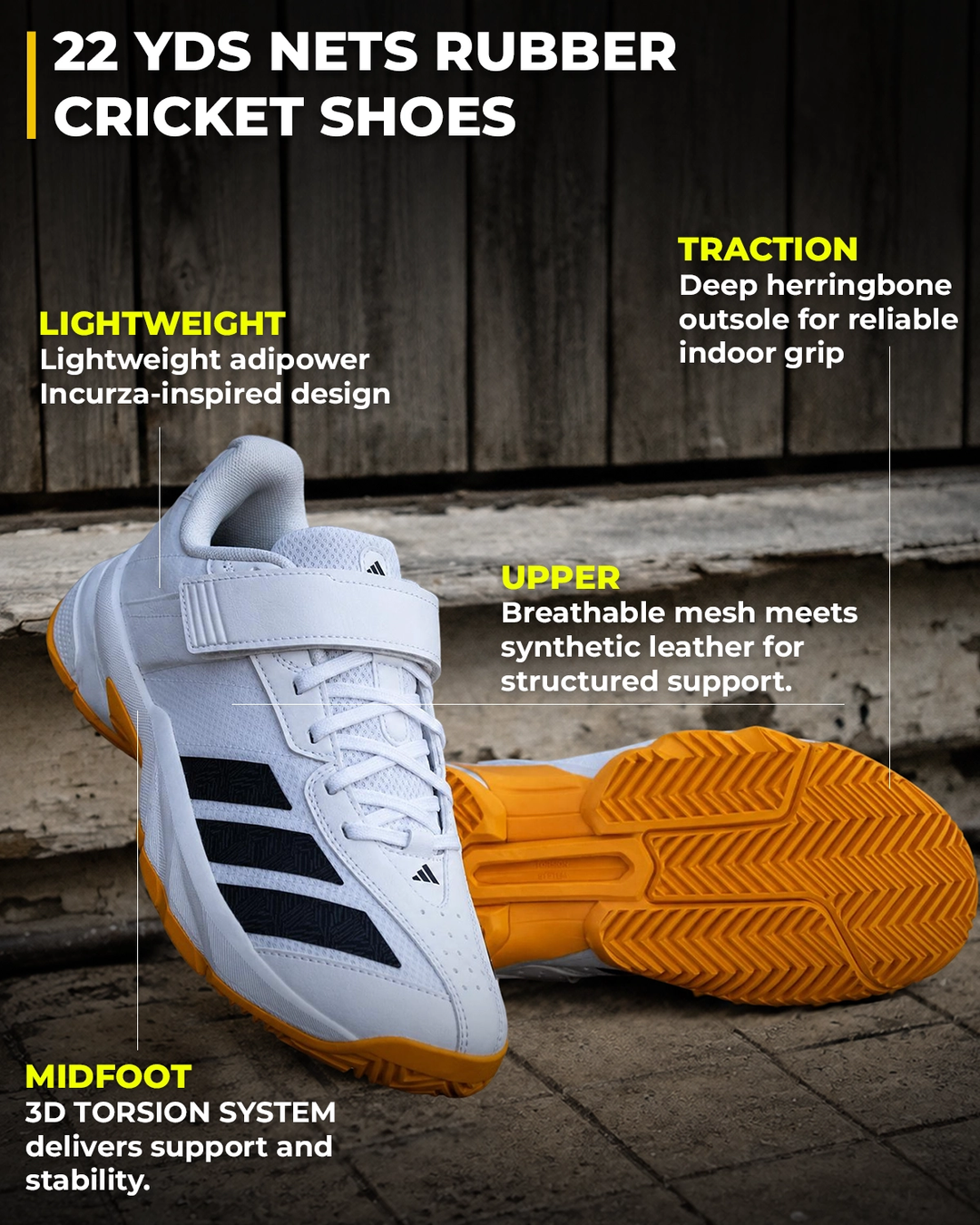 Adidas IH9754 22 YDS Nets Cricket Shoes - Rubber Spikes - White/Aurora Onix/Lucid Tangerine