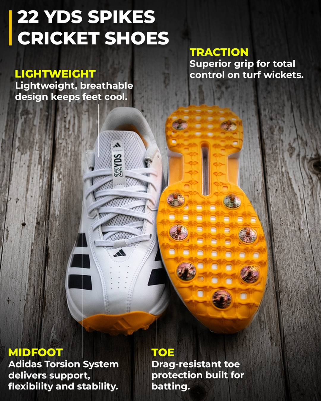 Adidas JQ8545 22 YDS Cricket Shoes - Steel Spikes - White/Aurora Onix/Lucid Tangerine