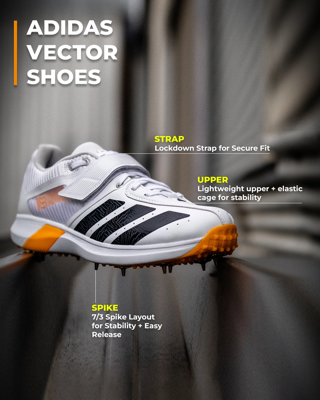 Adidas JQ8553 Adipower Vector 20 Cricket Shoes - Steel Spikes - White/Aurora Onix/Lucid Tangerine