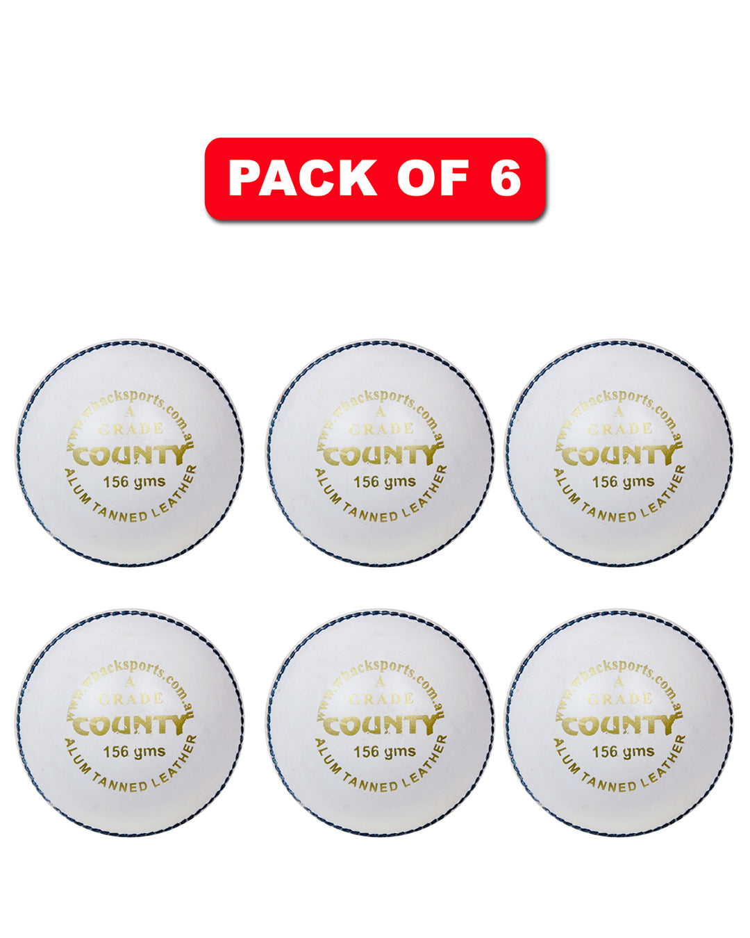 WHACK 2 Piece County Leather Cricket Ball Bundle - 156gm - White - Pack of 6x or 12x
