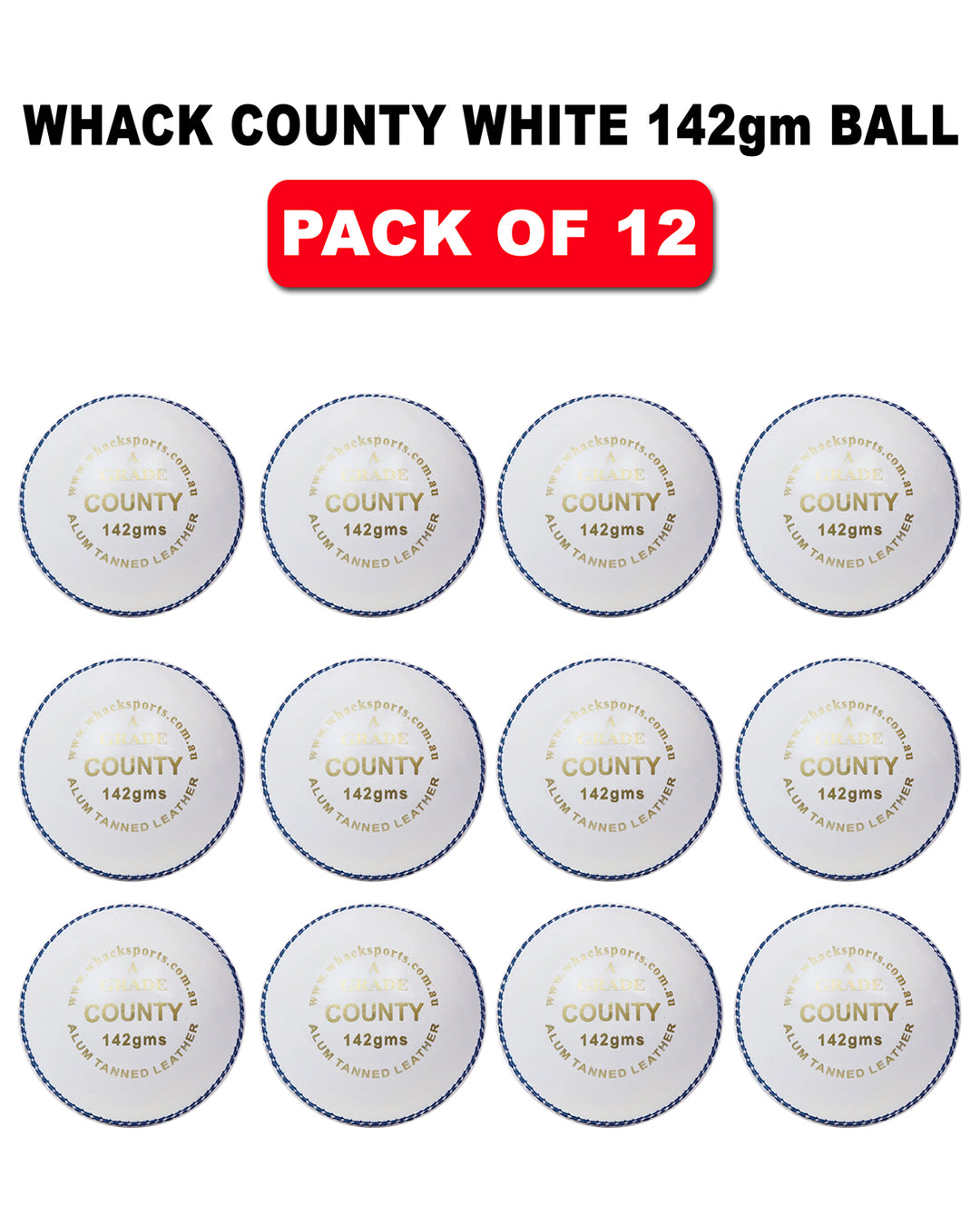 WHACK 2pc County Leather Cricket Ball Bundle - 142gm - Pack of 6x or 12x