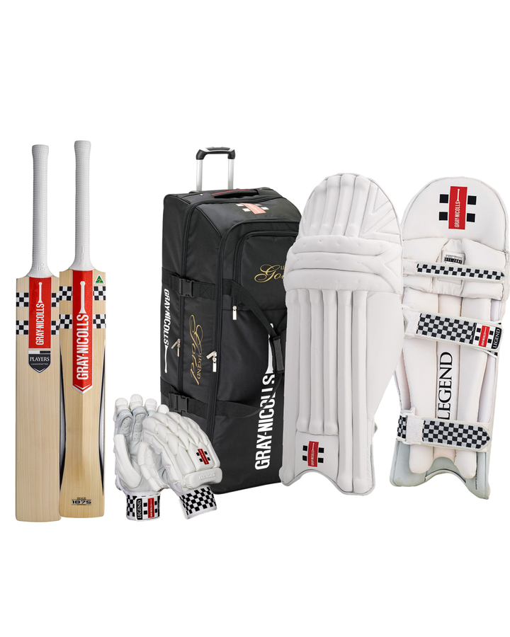 Gray Nicolls Players Cricket Bundle Kit - bat, Legend wheelie kit bag, Legend batting gloves and pads