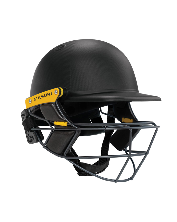 Masuri E Line Player Steel senior cricket batting helmet in painted black, with patented steel Eye-Line grille and rear neck guard