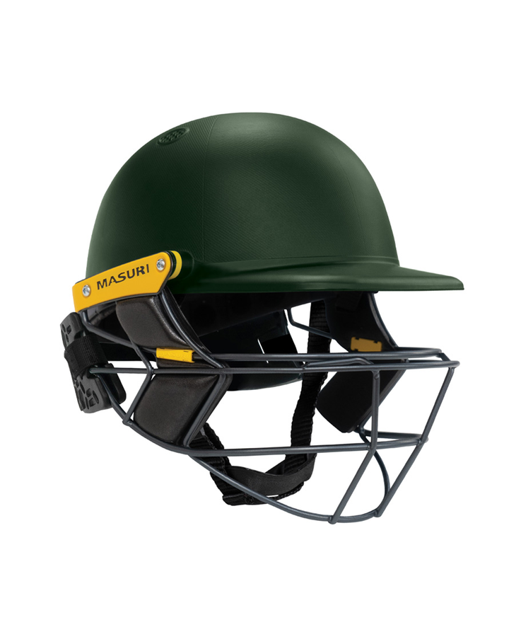 Masuri E Line Player Steel senior cricket batting helmet in painted green, with patented steel Eye-Line grille and rear neck guard