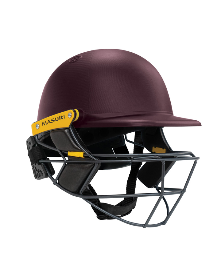 Masuri E Line Player Steel senior cricket batting helmet in painted maroon, with patented steel Eye-Line grille and rear neck guard