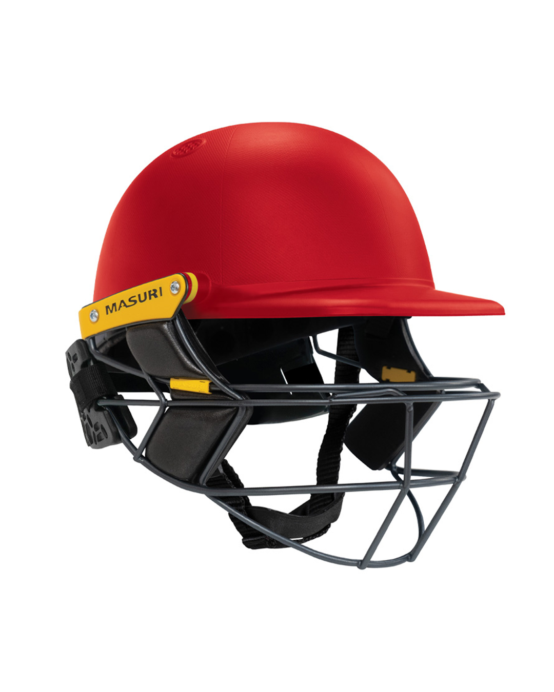 Masuri E Line Player Steel senior cricket batting helmet in painted red, with patented steel Eye-Line grille and rear neck guard