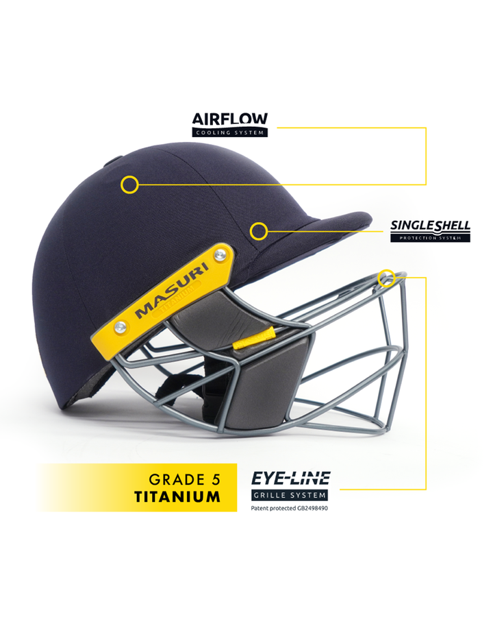 Masuri E Line Titanium Cricket Batting Helmet with Neck Guard - Senior, fitted with rear neck guard