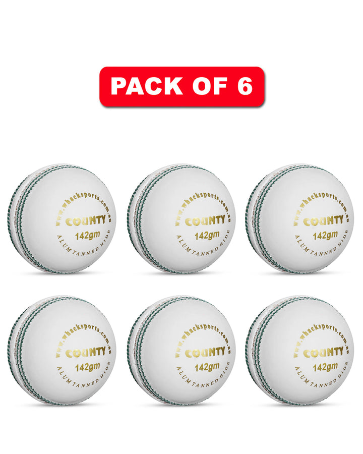 WHACK 2 Piece County Leather Cricket Ball Bundle - 142gm - White - Pack of 6x or 12x