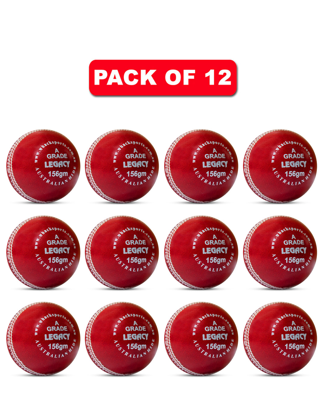 WHACK 4pc Legacy Leather Cricket Ball Bundle - 156gm - Red - Pack of 6x or 12x