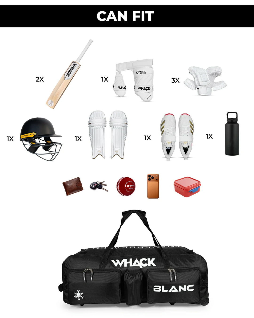 WHACK Blanc Cricket Kit Bag - Wheelie - Large