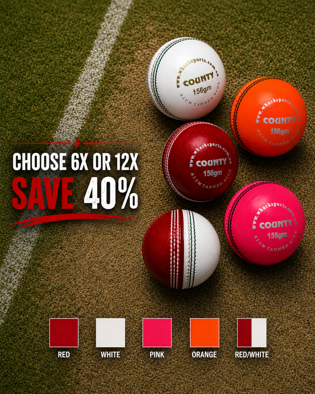 WHACK 2pc County Leather Cricket Ball Bundle - 156gm - Pack of 6x or 12x