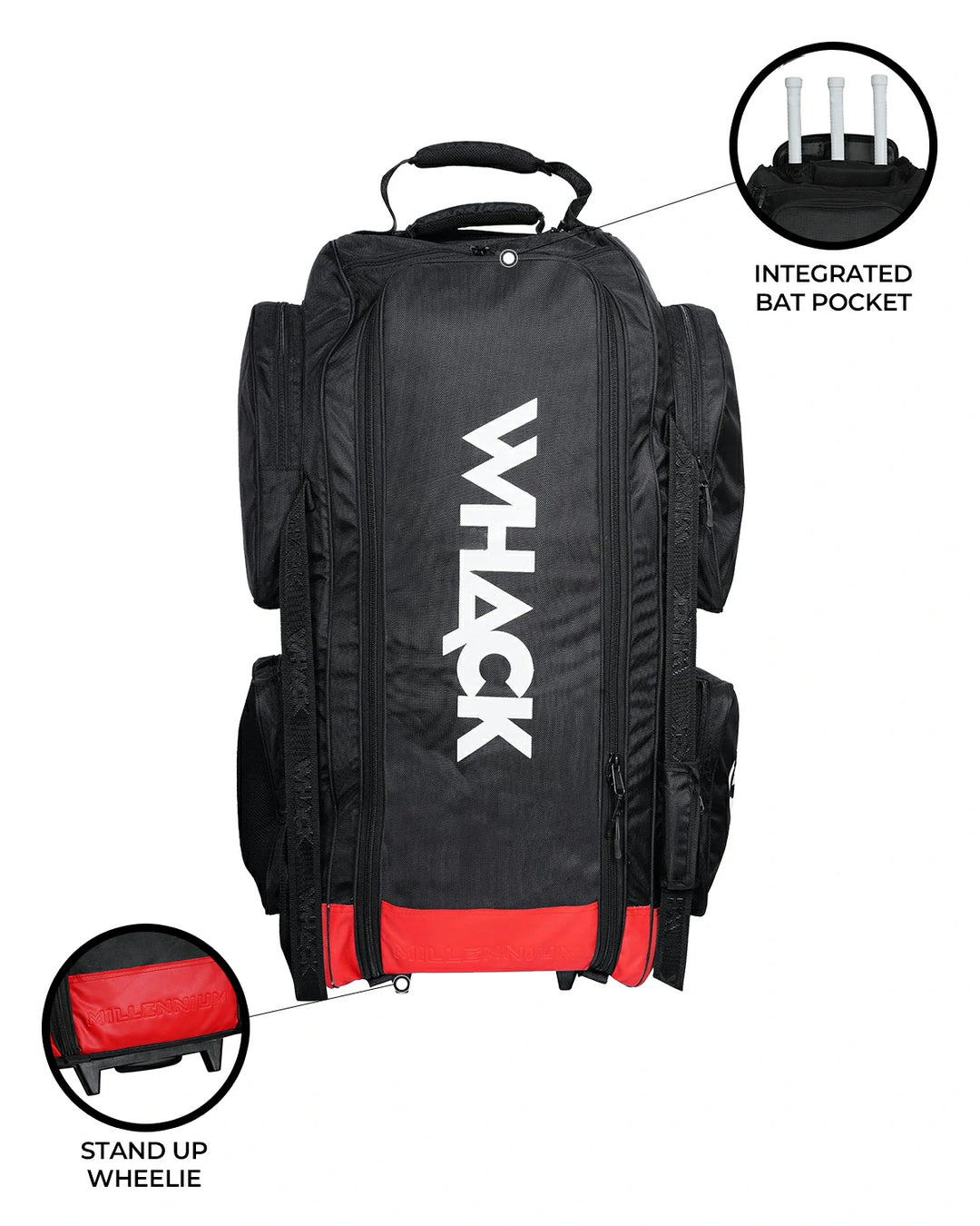 WHACK Millennium Stand Up Cricket Kit Bag - Wheelie - Large - Black/Red/White