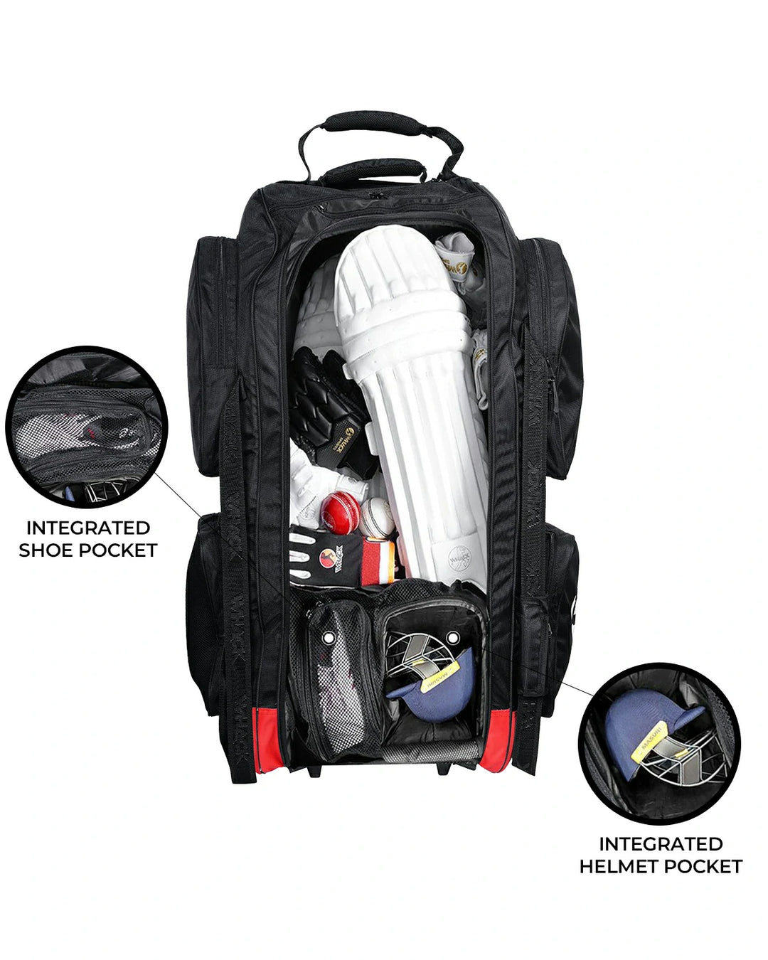 WHACK Millennium Stand Up Cricket Kit Bag - Wheelie - Large - Black/Red/White
