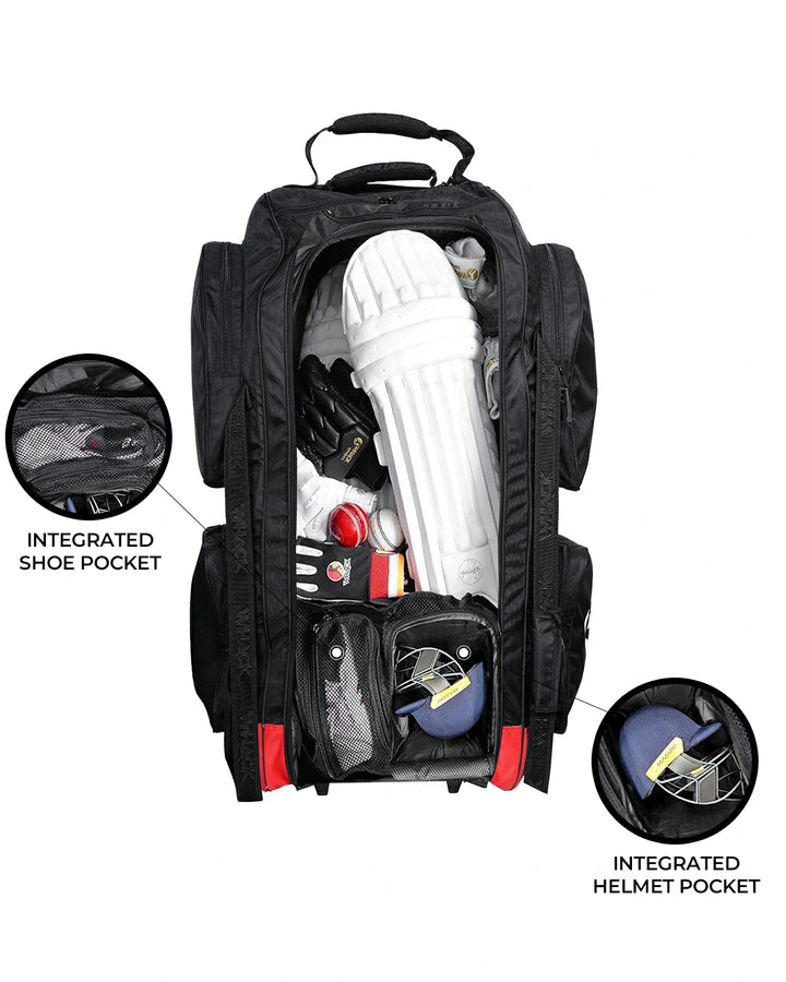 WHACK Millennium Stand Up Cricket Kit Bag - Wheelie - Large - Black/Red/White