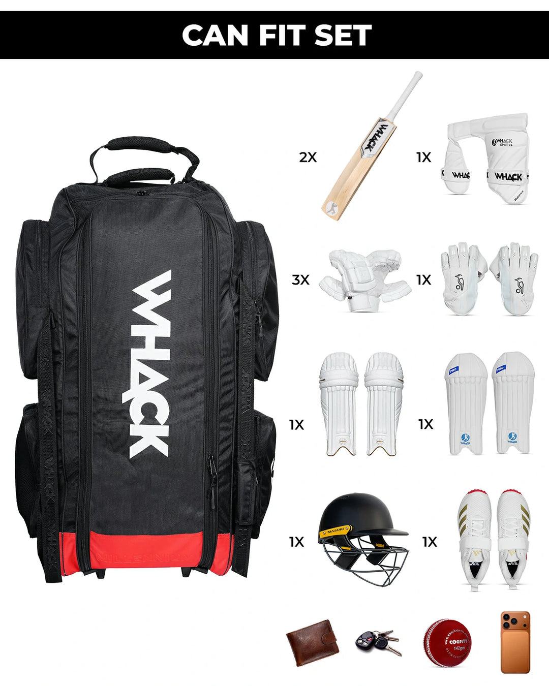 WHACK Millennium Stand Up Cricket Kit Bag - Wheelie - Large - Black/Red/White