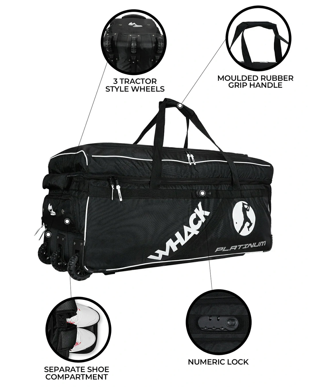WHACK Platinum Cricket Kit Bag - Wheelie - Extra Large - Black