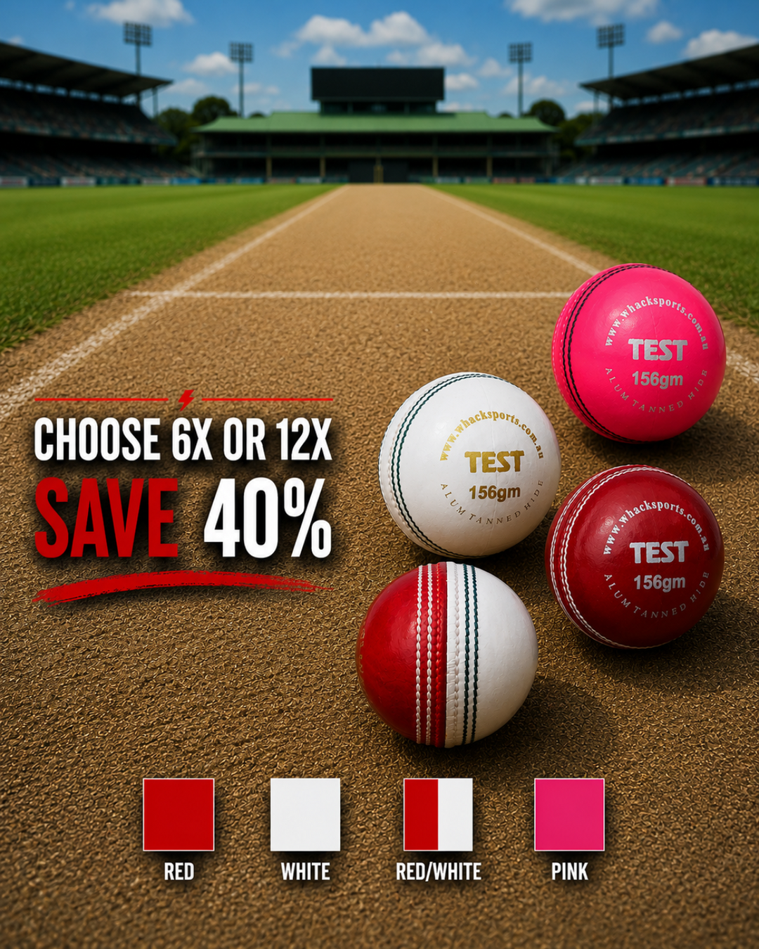 WHACK 4pc Test Leather Cricket Ball Bundle - 156gm - Pack of 6x or 12x