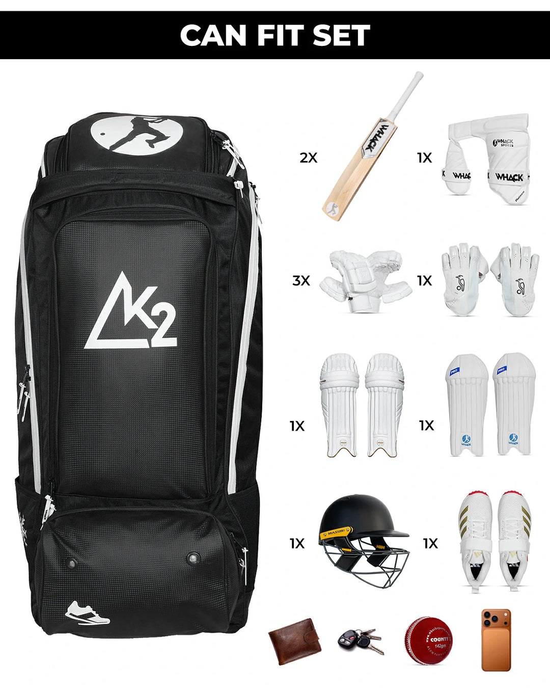 WHACK K2 Cricket Kit Bag - Wheelie Duffle - Large
