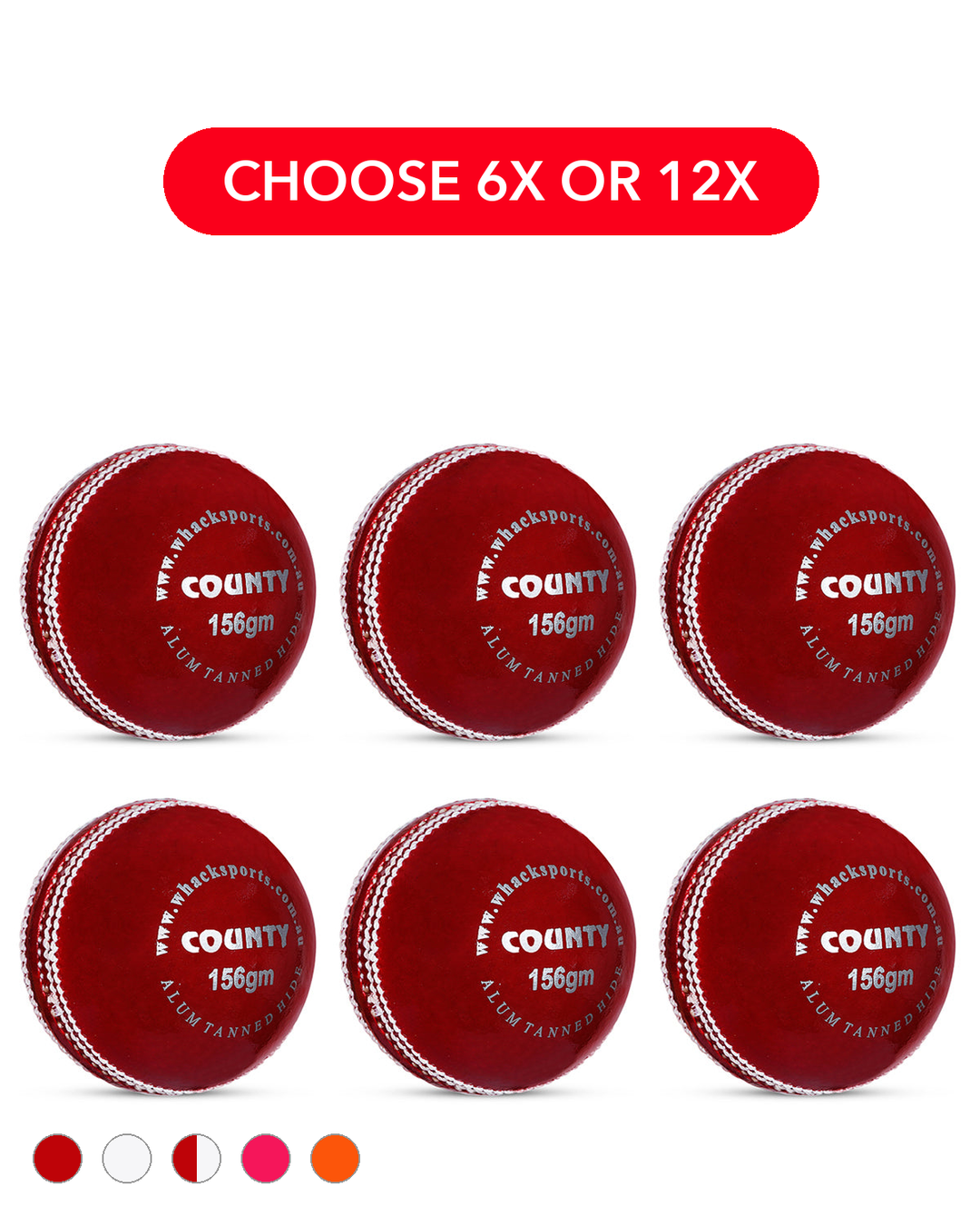 WHACK 2pc County Leather Cricket Ball Bundle - 156gm - Pack of 6x or 12x