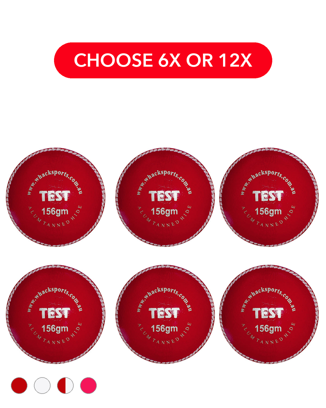 WHACK 4pc Test Leather Cricket Ball Bundle - 156gm - Pack of 6x or 12x