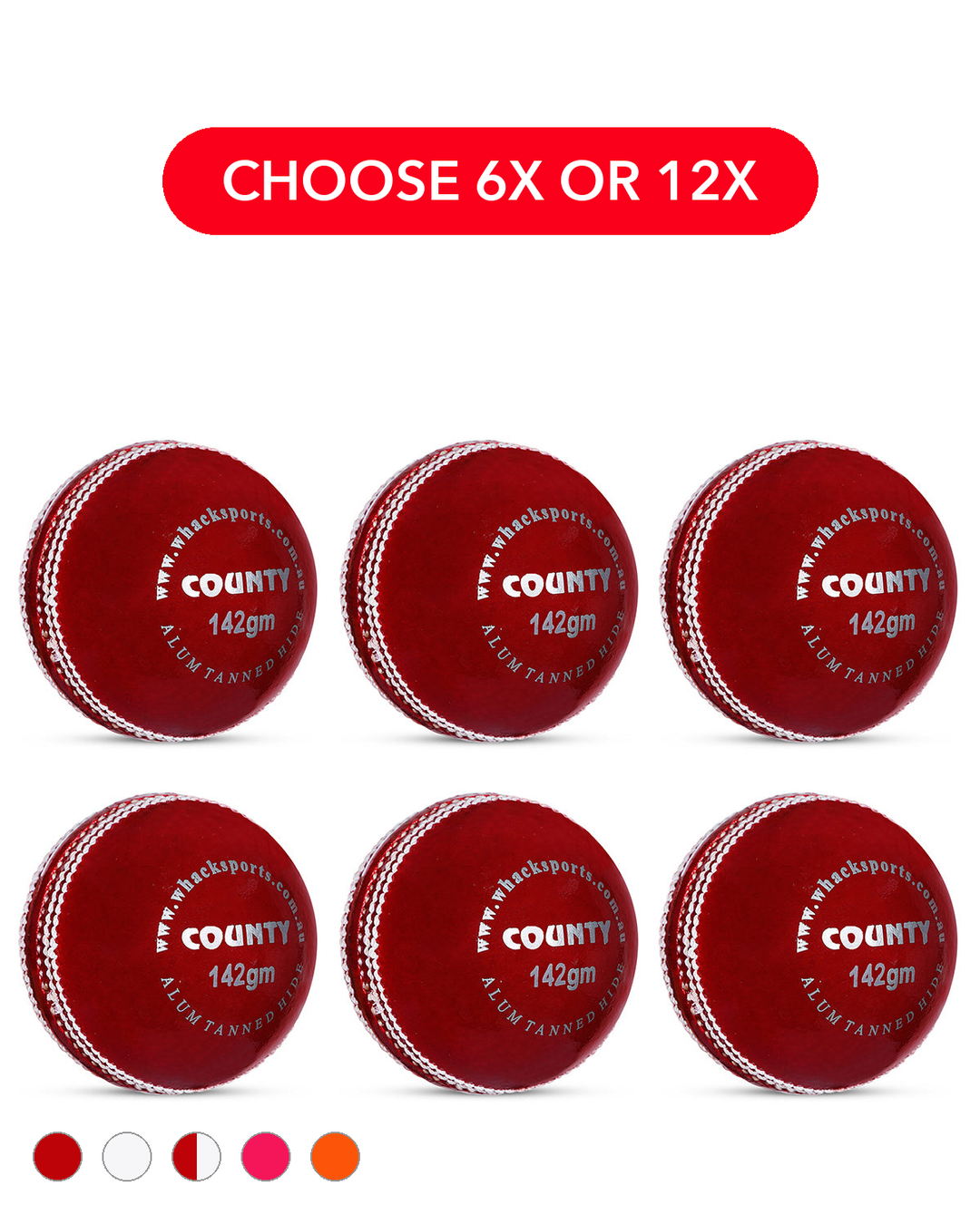 WHACK 2pc County Leather Cricket Ball Bundle - 142gm - Pack of 6x or 12x
