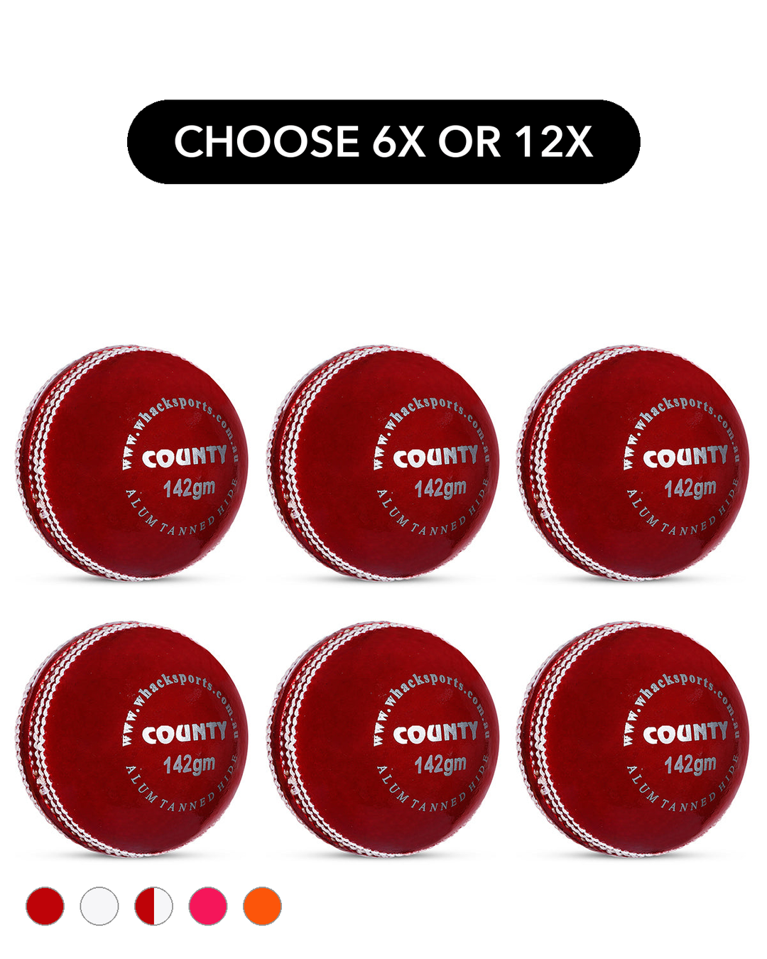 WHACK 2pc County Leather Cricket Ball Bundle - 142gm - Pack of 6x or 12x