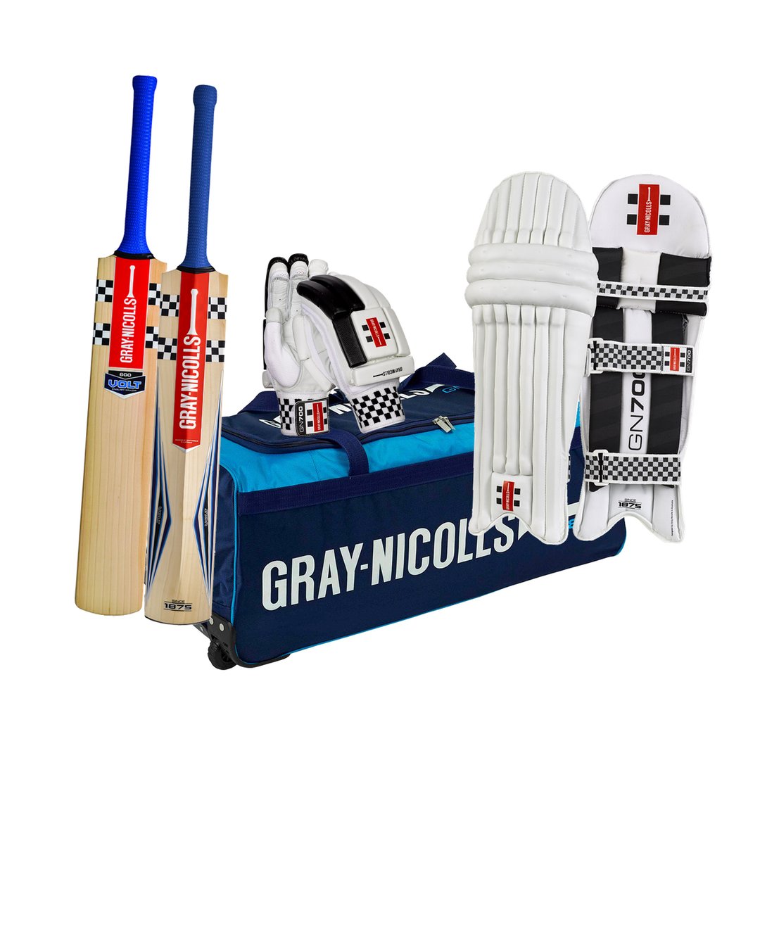 Gray Nicolls Volt 600 Cricket Bundle Kit - bat, GN 800 wheelie kit bag, GN 700 batting gloves and pads