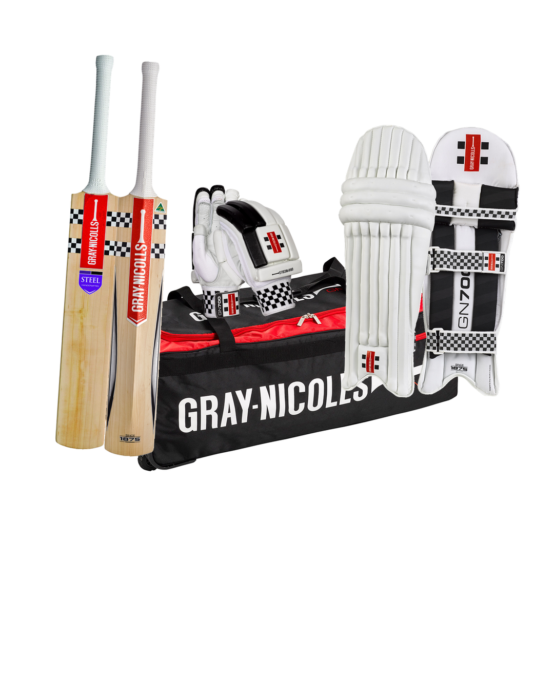 Gray Nicolls Steel Cricket Bundle Kit - bat, GN-900 wheelie kit bag, GN 700 batting gloves and pads