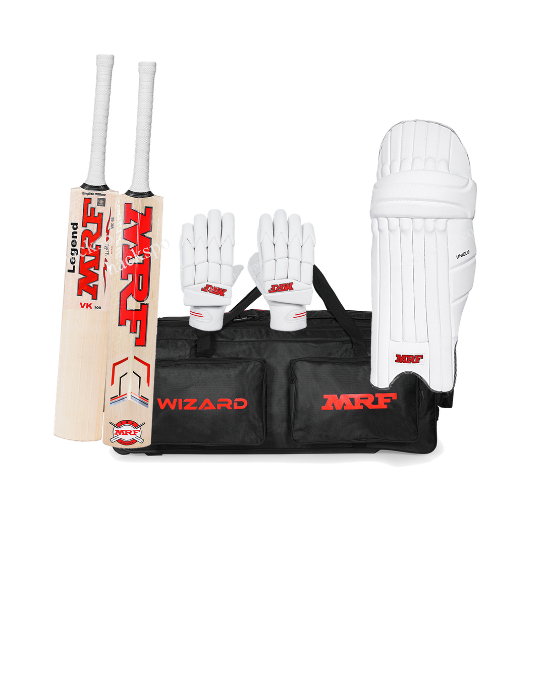 MRF VK Legend 100 Cricket Bundle Kit - bat, Wizard wheelie kit bag, Wizard gloves and Unique Edition pads