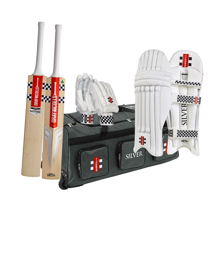 Gray Nicolls Nova 4.0 2200 Cricket Bundle Kit - bat, Silver wheelie kit bag, Silver batting gloves and pads