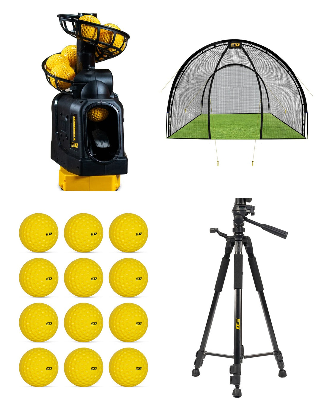 3D Trainer Pro + Tripod Max Bundle — Trainer Pro machine, 3D Garden Batting Cage, tripod and 12 light balls