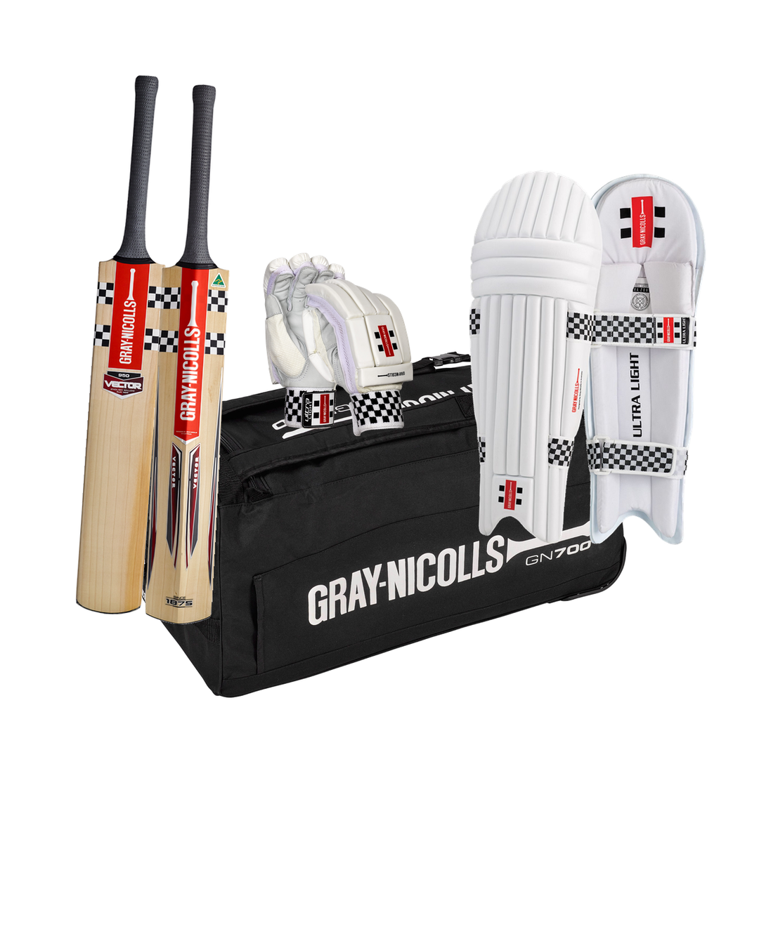 Gray Nicolls Vector 950 Cricket Bundle Kit Junior - bat, GN 700 wheelie kit bag, Ultra Light batting gloves and pads