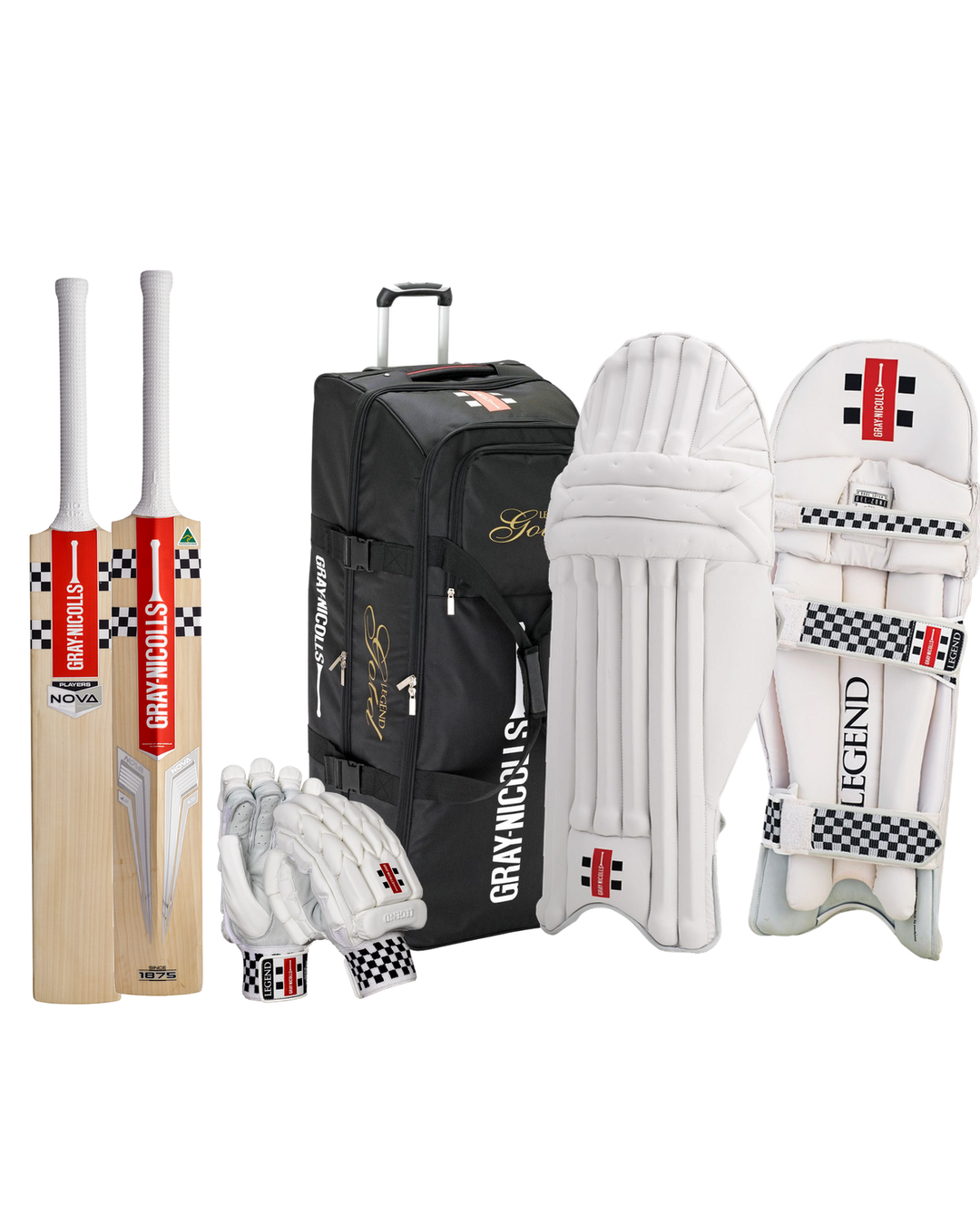 Gray Nicolls Nova 4.0 Player Edition Cricket Bundle Kit - bat, Legend Gold wheelie kit bag, Legend batting gloves and pads